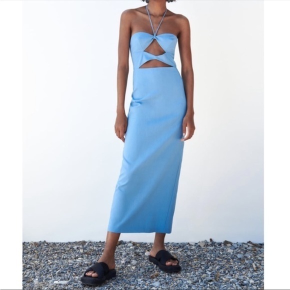 New Zara | Blue Midi Cut Out Dress - Picture 8 of 16